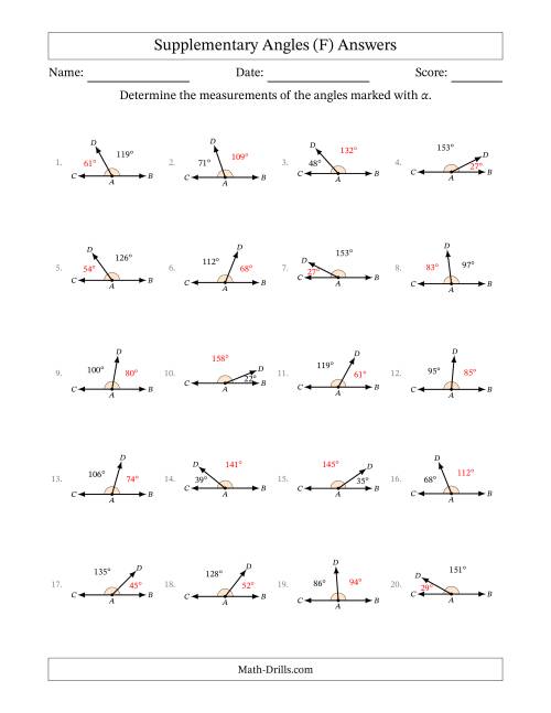 The Supplementary Angle Relationships (F) Math Worksheet Page 2