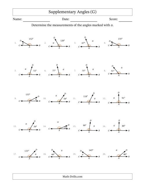 The Supplementary Angle Relationships (G) Math Worksheet