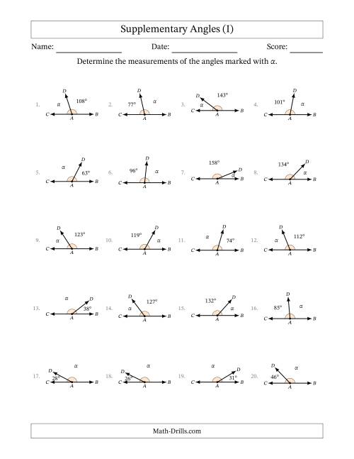 The Supplementary Angle Relationships (I) Math Worksheet