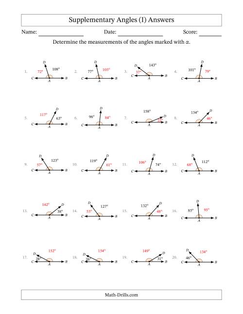 The Supplementary Angle Relationships (I) Math Worksheet Page 2