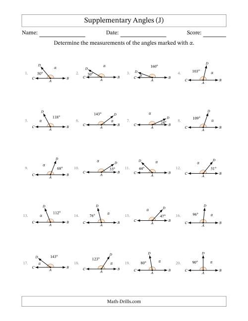 The Supplementary Angle Relationships (J) Math Worksheet
