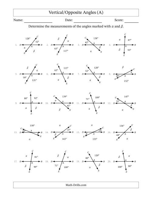 The Vertical/Opposite Angle Relationships (A) Math Worksheet