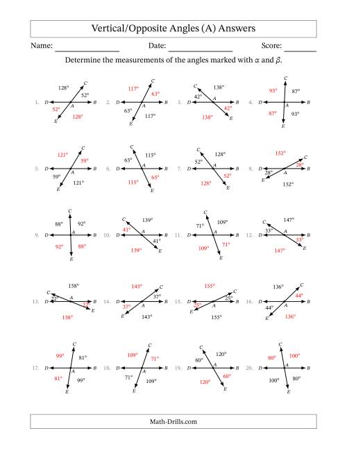 The Vertical/Opposite Angle Relationships (A) Math Worksheet Page 2