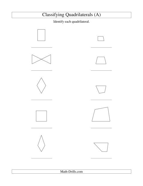The Classifying Quadrilaterals (No Rotation) (A) Math Worksheet