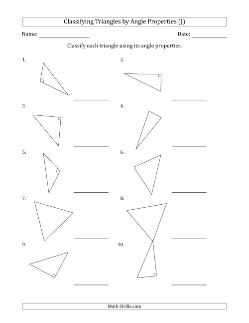 The Classifying Triangles by Angle Properties (Marks Included on Question Page) (J) Math Worksheet