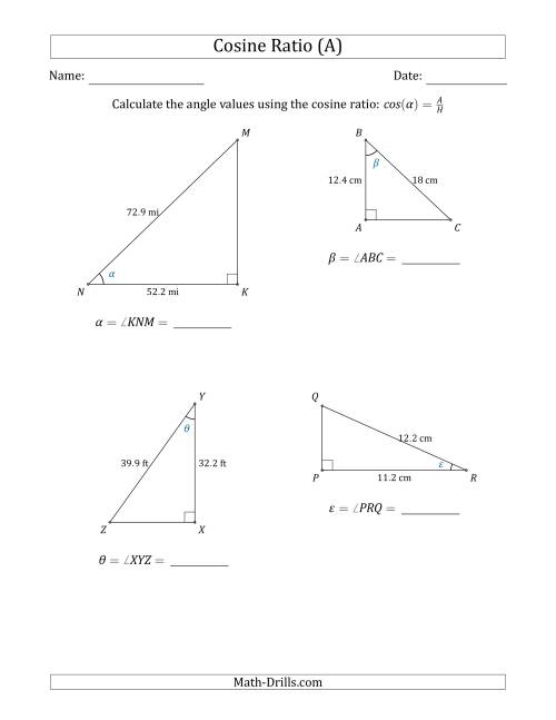 The Calculating Angle Values Using the Cosine Ratio (A) Math Worksheet