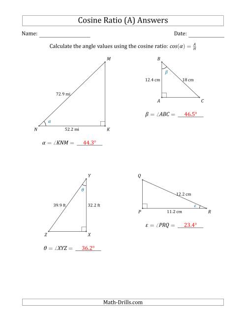 The Calculating Angle Values Using the Cosine Ratio (A) Math Worksheet Page 2