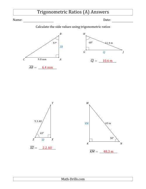 The Calculating Side Values Using Trigonometric Ratios (A) Math Worksheet Page 2