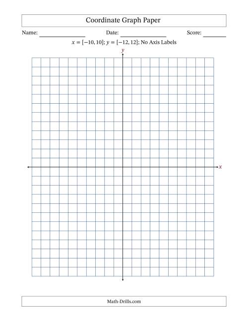 The Four Quadrant Coordinate Graph Paper <i>x</i> = [-10,10]; <i>y</i> = [-12,12] (No Axis Labels) Math Worksheet