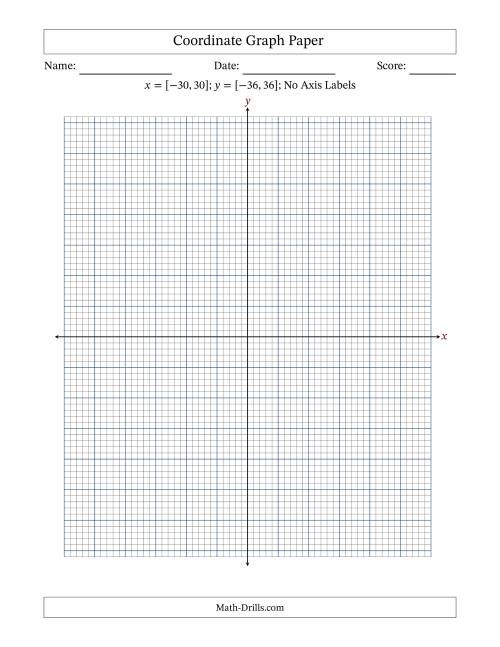 The Four Quadrant Coordinate Graph Paper <i>x</i> = [-30,30]; <i>y</i> = [-36,36] (No Axis Labels) Math Worksheet