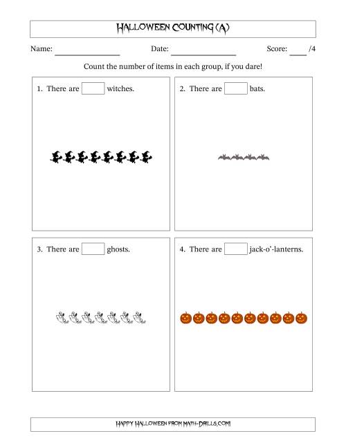 The Counting Halloween Objects in Horizontal Linear Arrangements (A) Math Worksheet