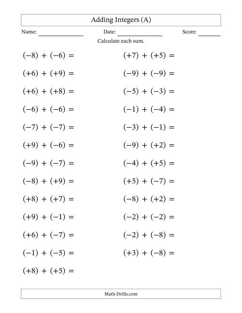 The Adding Mixed Integers from -9 to 9 (25 Questions; Large Print; All Parentheses) (A) Math Worksheet