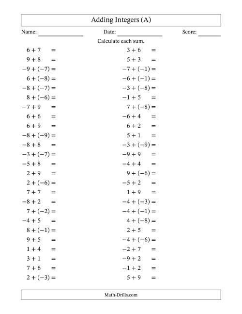 The Adding Mixed Integers from -9 to 9 (50 Questions) (A) Math Worksheet