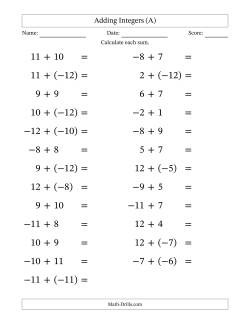 Adding Mixed Integers from -12 to 12 (25 Questions; Large Print)