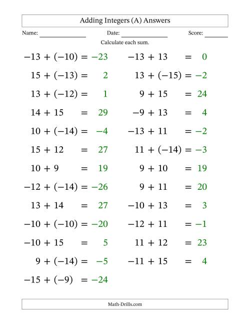 The Adding Mixed Integers from -15 to 15 (25 Questions; Large Print) (A) Math Worksheet Page 2