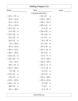 Adding Mixed Integers from -15 to 15 (50 Questions; No Parentheses)