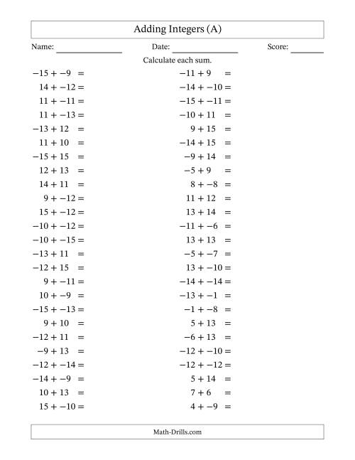 The Adding Mixed Integers from -15 to 15 (50 Questions; No Parentheses) (A) Math Worksheet