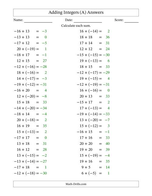The Adding Mixed Integers from -20 to 20 (50 Questions) (A) Math Worksheet Page 2