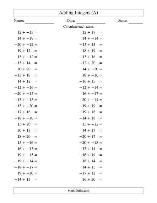 The Adding Mixed Integers from -20 to 20 (50 Questions; No Parentheses) (A) Math Worksheet
