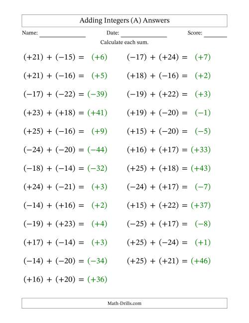The Adding Mixed Integers from -25 to 25 (25 Questions; Large Print; All Parentheses) (A) Math Worksheet Page 2