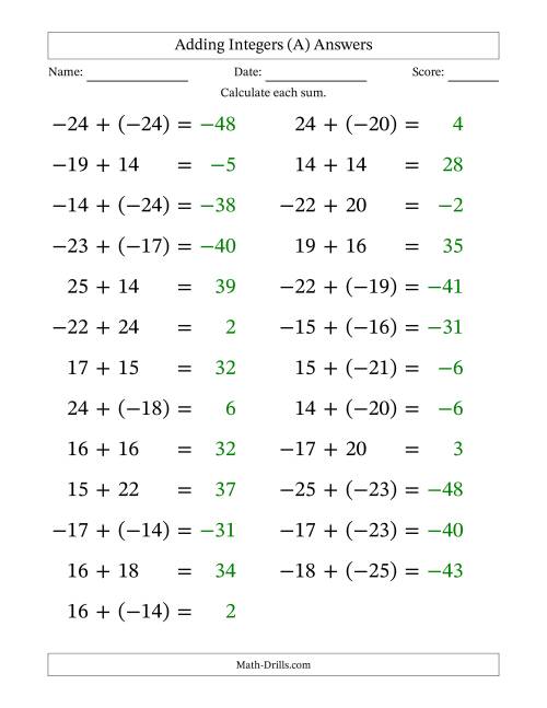 The Adding Mixed Integers from -25 to 25 (25 Questions; Large Print) (A) Math Worksheet Page 2