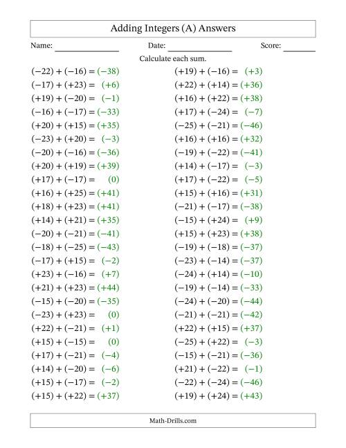 The Adding Mixed Integers from -25 to 25 (50 Questions; All Parentheses) (A) Math Worksheet Page 2