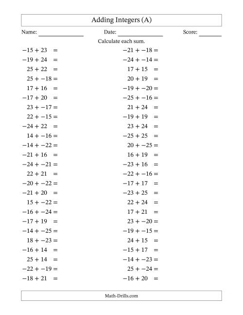 The Adding Mixed Integers from -25 to 25 (50 Questions; No Parentheses) (A) Math Worksheet