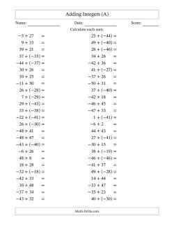 Adding Mixed Integers from -50 to 50 (50 Questions)