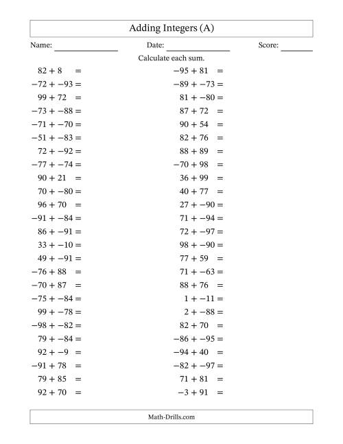 The Adding Mixed Integers from -99 to 99 (50 Questions; No Parentheses) (A) Math Worksheet