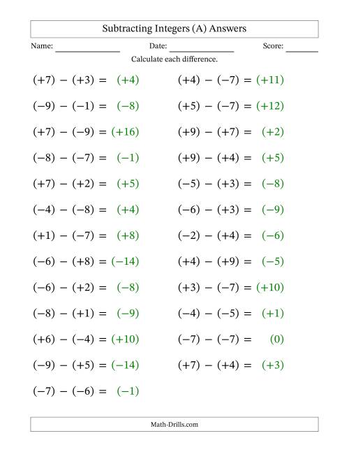The Subtracting Mixed Integers from -9 to 9 (25 Questions; Large Print; All Parentheses) (A) Math Worksheet Page 2