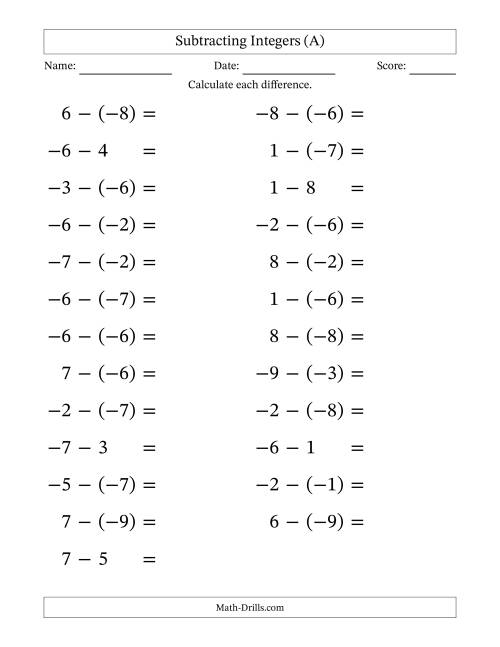 The Subtracting Mixed Integers from -9 to 9 (25 Questions; Large Print) (A) Math Worksheet