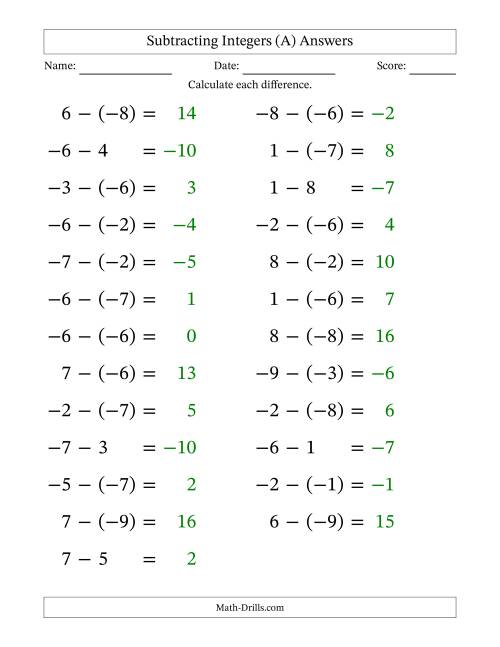 The Subtracting Mixed Integers from -9 to 9 (25 Questions; Large Print) (A) Math Worksheet Page 2