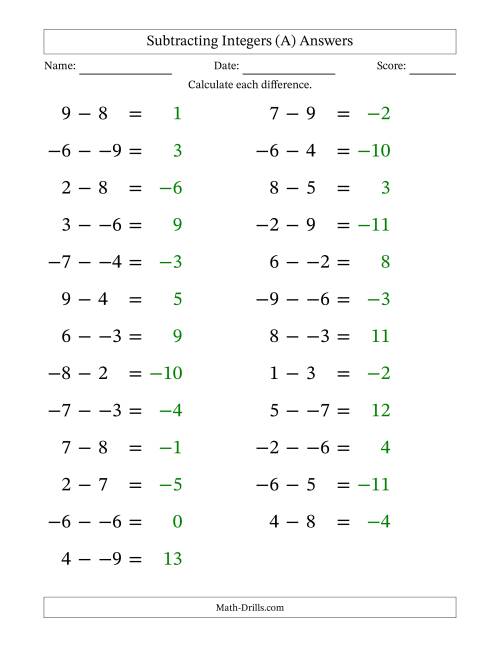 The Subtracting Mixed Integers from -9 to 9 (25 Questions; Large Print; No Parentheses) (A) Math Worksheet Page 2