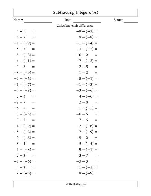The Subtracting Mixed Integers from -9 to 9 (50 Questions) (A) Math Worksheet