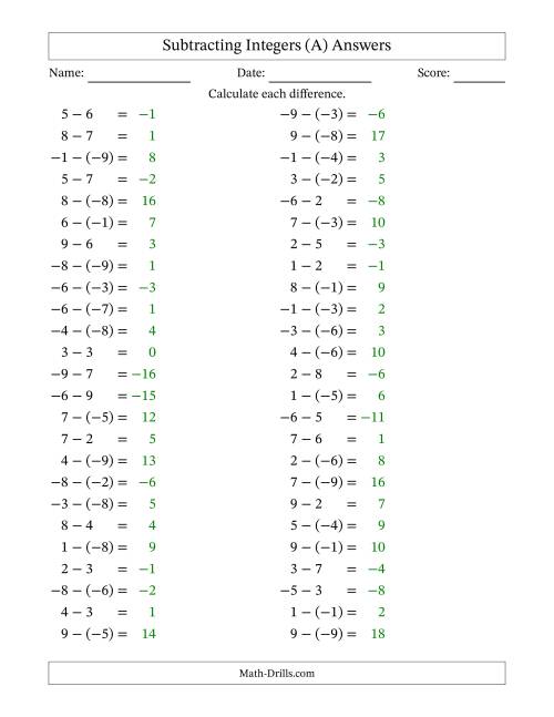 The Subtracting Mixed Integers from -9 to 9 (50 Questions) (A) Math Worksheet Page 2