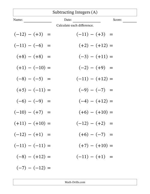 The Subtracting Mixed Integers from -12 to 12 (25 Questions; Large Print; All Parentheses) (A) Math Worksheet