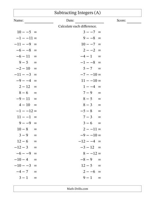 The Subtracting Mixed Integers from -12 to 12 (50 Questions; No Parentheses) (A) Math Worksheet