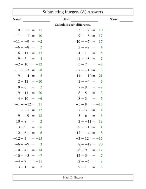 The Subtracting Mixed Integers from -12 to 12 (50 Questions; No Parentheses) (A) Math Worksheet Page 2