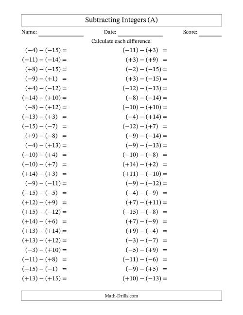 The Subtracting Mixed Integers from -15 to 15 (50 Questions; All Parentheses) (A) Math Worksheet