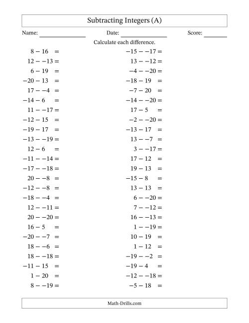 The Subtracting Mixed Integers from -20 to 20 (50 Questions; No Parentheses) (A) Math Worksheet