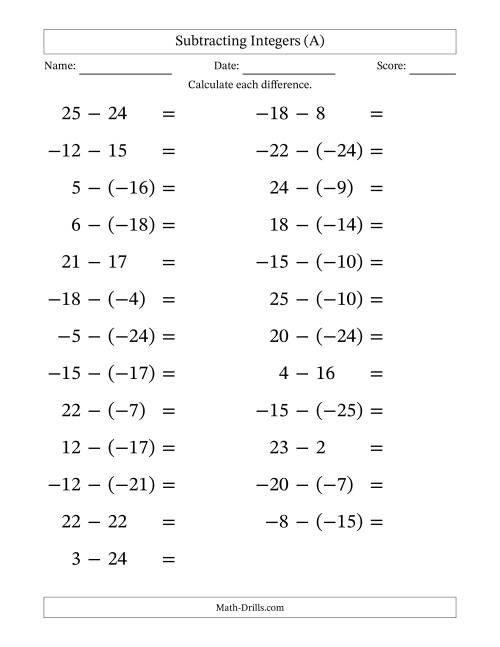 The Subtracting Mixed Integers from -25 to 25 (25 Questions; Large Print) (A) Math Worksheet