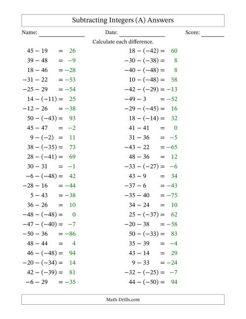 The Subtracting Mixed Integers from -50 to 50 (50 Questions) (A) Math Worksheet Page 2