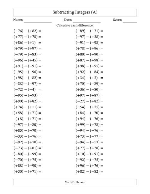The Subtracting Mixed Integers from -99 to 99 (50 Questions; All Parentheses) (A) Math Worksheet