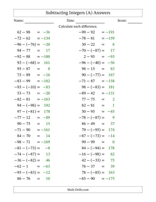 The Subtracting Mixed Integers from -99 to 99 (50 Questions) (A) Math Worksheet Page 2