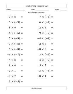 Multiplying Mixed Integers from -9 to 9 (25 Questions; Large Print)