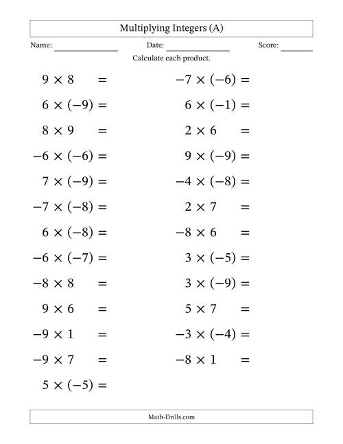 The Multiplying Mixed Integers from -9 to 9 (25 Questions; Large Print) (A) Math Worksheet