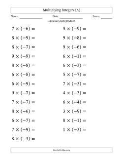 Multiplying Positive by Negative Integers from -9 to 9 (25 Questions; Large Print)