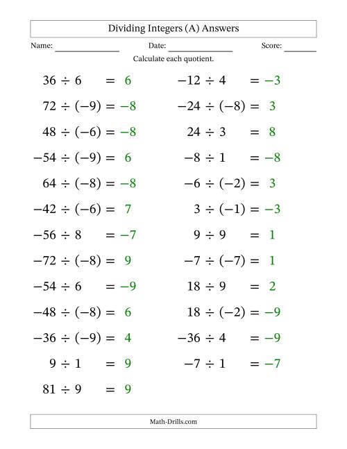 The Dividing Mixed Integers from -9 to 9 (25 Questions; Large Print) (A) Math Worksheet Page 2