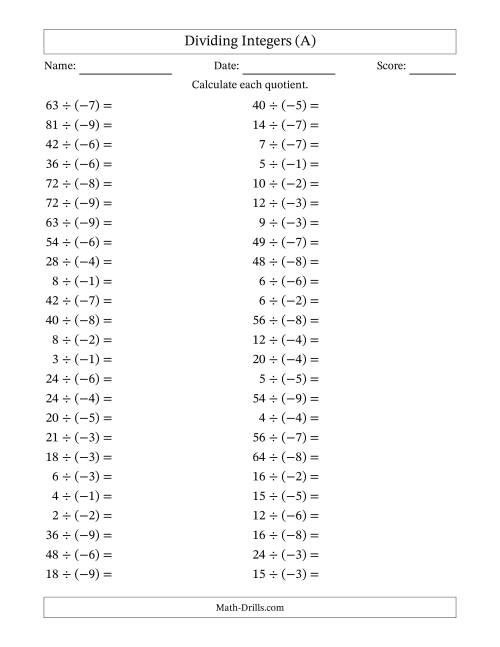 The Dividing Positive by Negative Integers from -9 to 9 (50 Questions) (A) Math Worksheet