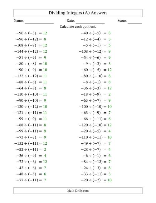 The Dividing Negative by Negative Integers from -12 to 12 (50 Questions) (A) Math Worksheet Page 2